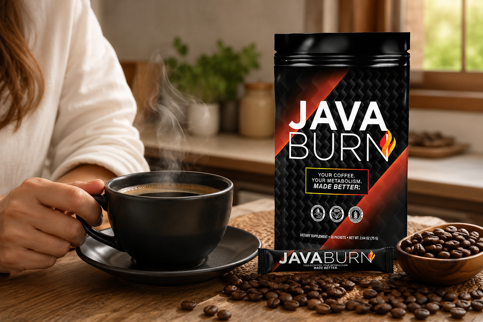 Java Burn supplement mixed with morning coffee — the world's first patented coffee enhancement formula